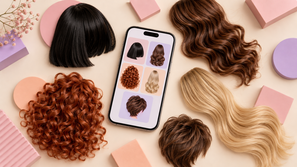 Ilustração de celular cercado por cinco estilos de cabelo.
