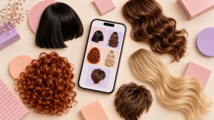 Ilustração de celular cercado por cinco estilos de cabelo.