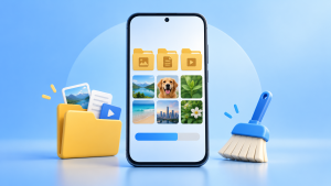 Ilustração de celular com pastas, arquivos e indicador de armazenamento livre.