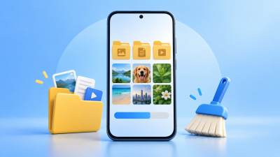 Ilustração de celular com pastas, arquivos e indicador de armazenamento livre.