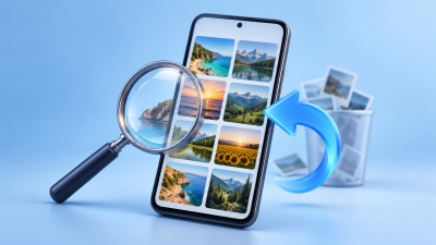 Ilustração de celular com fotos, lupa e seta de restauração.